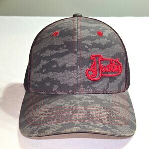 Justin Boots Camo Trucker Hat Red/Gray/Black Embroidered Logo Mesh Snapback Cap